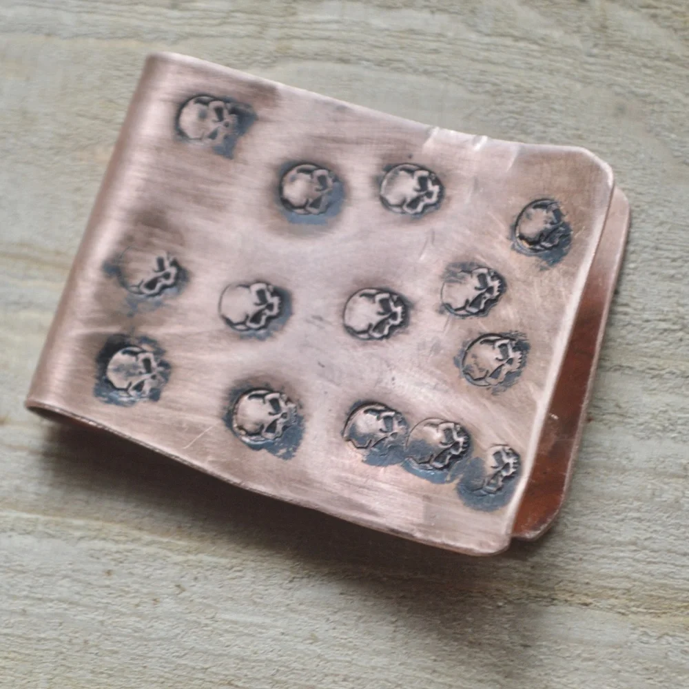 Rustic Skull Solid Copper Money Clip Artisan Handmade Stamped Biker Unisex Gift